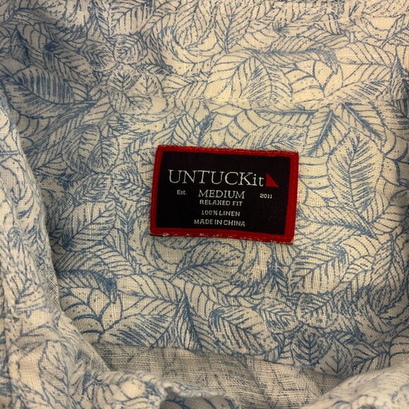 Untuckit Men's Terlan Linen Shirt M Blue White Leaf Print Button Front - Picture 10 of 10